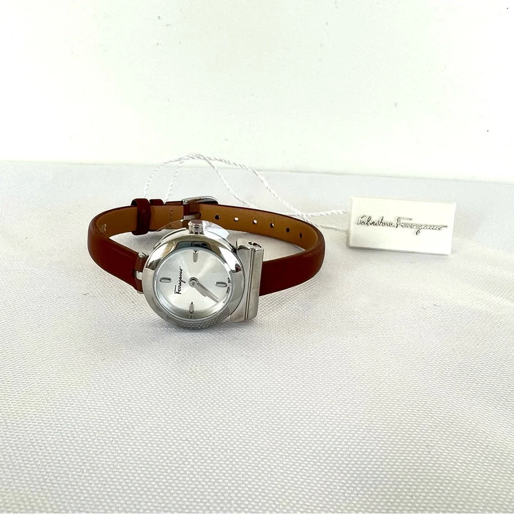 SALVATORE FERRAGAMO Women's Swiss Gancini Brown Leather Strap Wrist Watch NWT